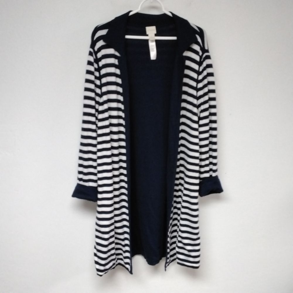 Chico's Long Cardigan Sweater Reversible Solid Blue White Stripe Duster. 3. (16)